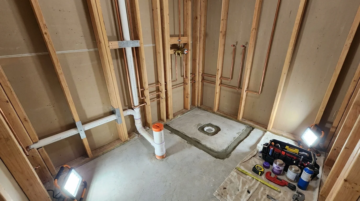 Bathroom rough-in plumbing during remodel by Johns Plumbing LLC in Shelby