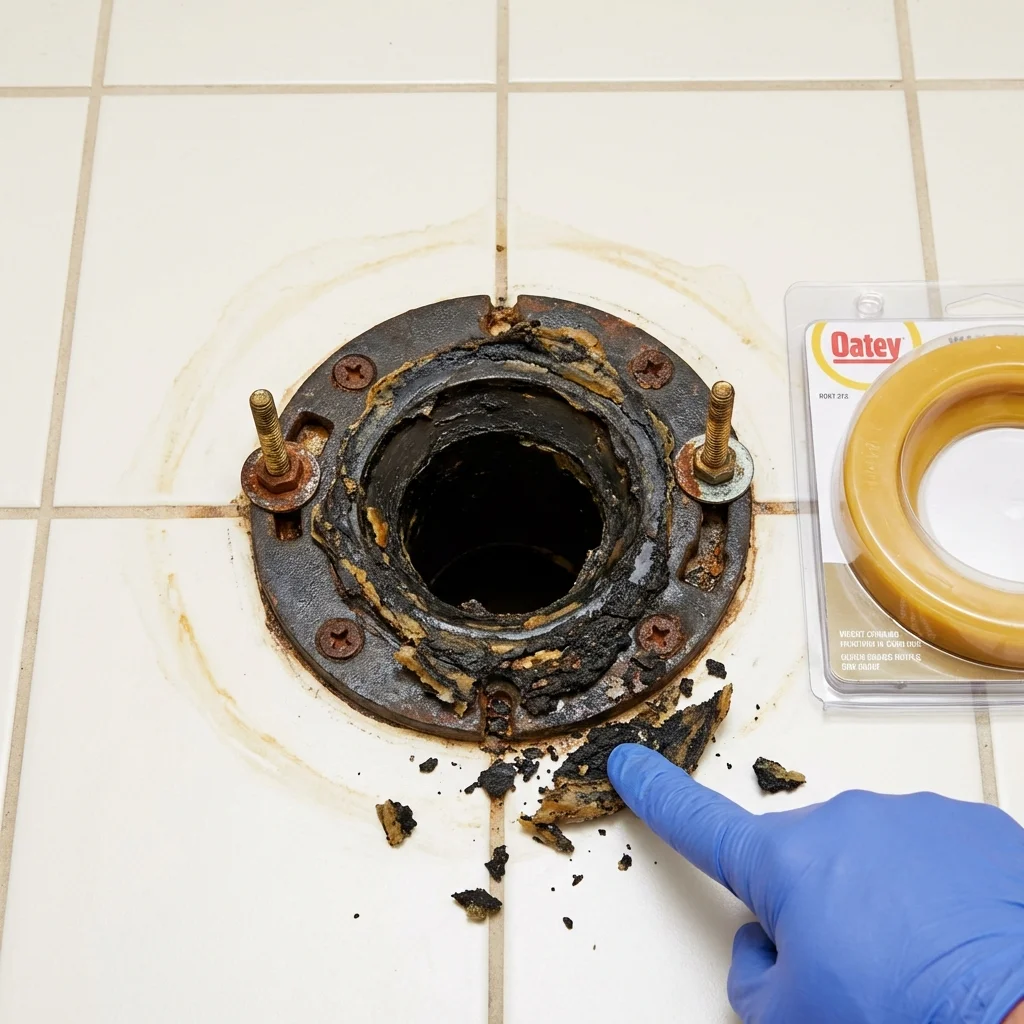 Failed wax ring showing water seepage at the base of a toilet in a Shelby, MI home