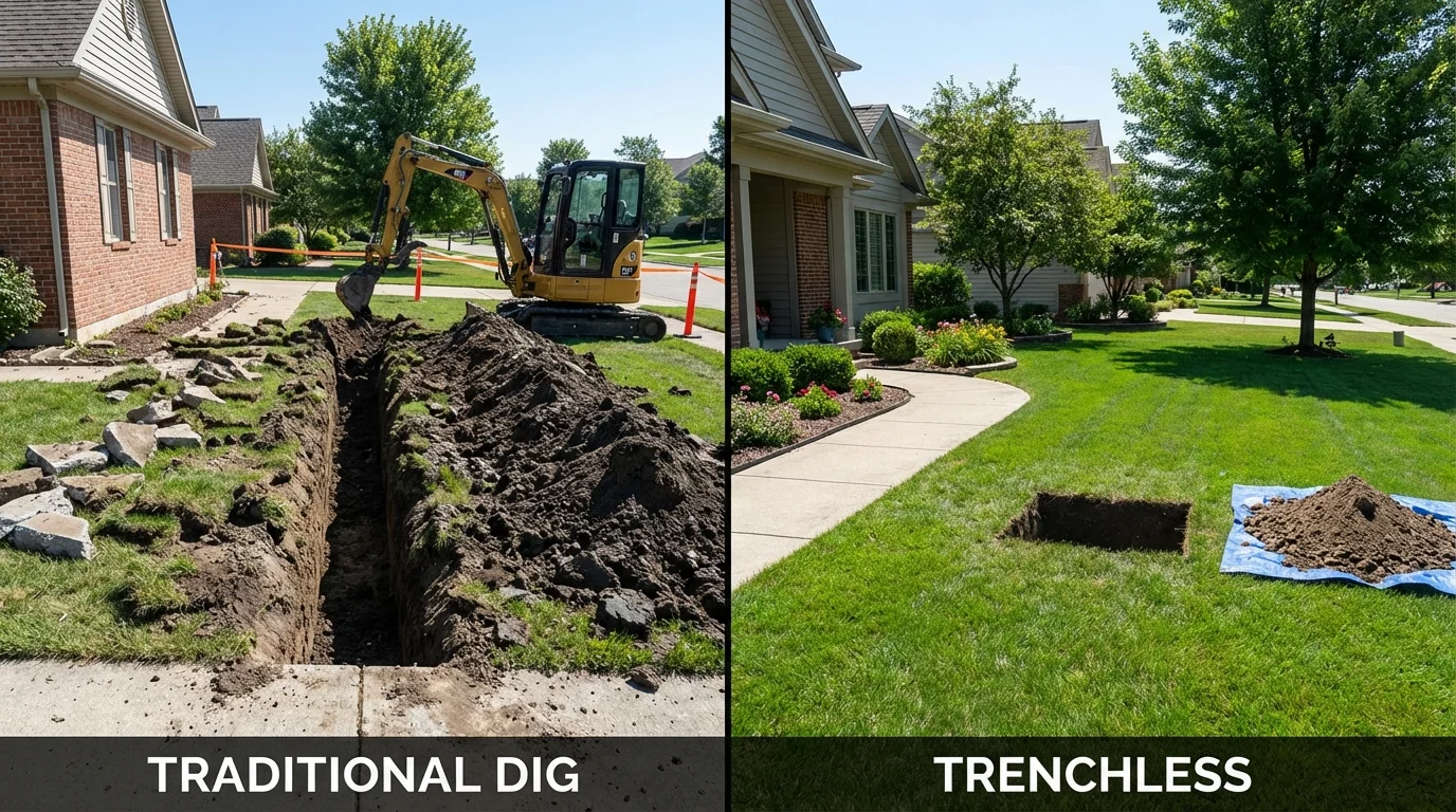 Trenchless sewer repair with minimal yard damage versus traditional excavation in Shelby, MI